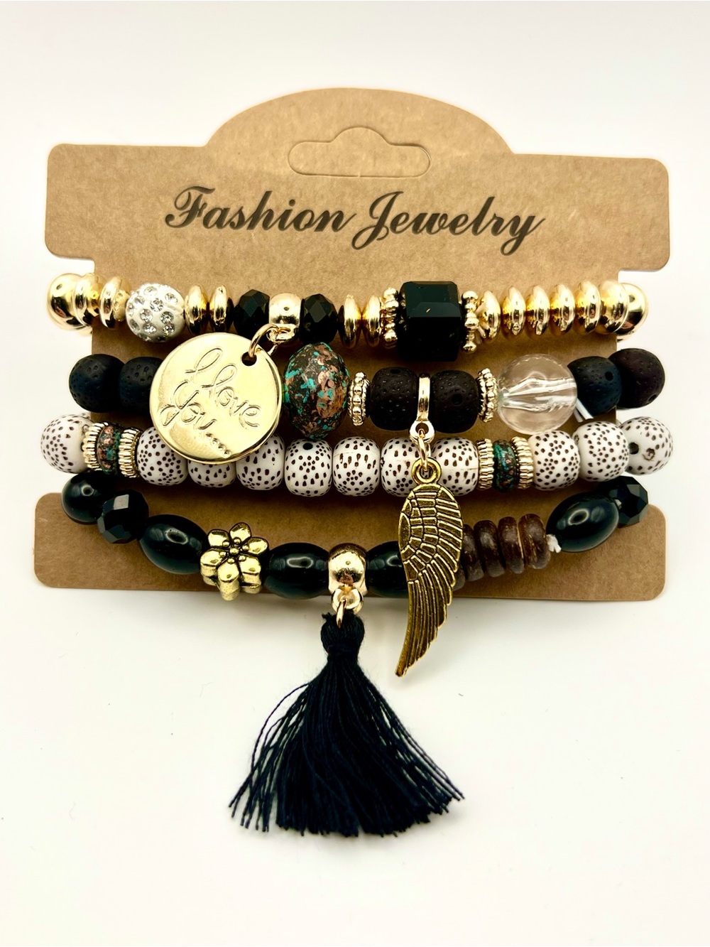 Fashion Jewelry Black/Gold Beaded Bracelet Stack Tassel/Wing & I Love You Charms